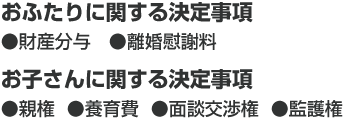 おふたりに関する決定事項●財産分与　●離婚慰謝料お子さんに関する決定事項  ●親権　●養育費　●面談交渉権　●監護権