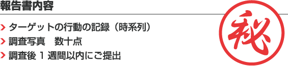 報告書内容・ターゲットの行動の記録（時系列）・調査写真　数十点・調査後1週間以内にご提出